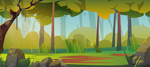 Summer forest landscape with glade, green grass and trees. Vector cartoon illustration of deep woods scene with trees, bushes, stones and sunlight. Spring woodland or nature park panorama