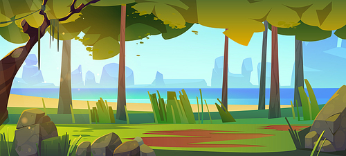 Cartoon nature landscape with forest and sea. Scenery summer background with ocean view through deciduous trees, rocks, grass and sunlight falling on on ground, wood natural scene, Vector illustration