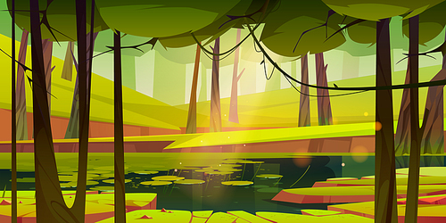 Summer forest with swamp or pond. Vector cartoon illustration of woods landscape with green grass, trees and lake with water lily leaves. Natural park or garden with river