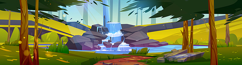 Summer forest landscape with cascade waterfall. Vector cartoon illustration of nature panorama with water stream falls off stones, lake, green trees, grass and path