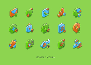 Set of social media isometric icons, smm and business 3d symbols map pin, envelope, chart and like heart, padlock and stars. Document, cogwheel, media file and photo camera, key or wifi, Vector signs