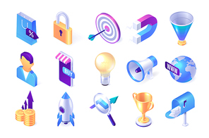 Isometric marketing icons. Symbols of social media, digital advertising, communication and business strategy. Vector sign set of target, search, growth, trophy, sale, light bulb, megaphone and magnet