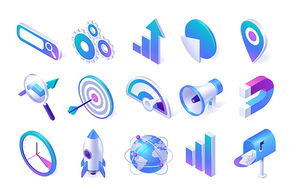 Isometric seo and marketing icons. Browser window, gears, arrow and pie charts, map pin, magnifier and target with loudspeaker. Magnet, clock, startup rocket, Earth globe and mail box 3d vector set