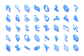 Isometric icons hourglass, light bulb, house, key, shield and padlock, magnifier, plus, minus, mail envelope and wifi, cogwheel, earth globe, map pin and exclamation mark isolated 3d vector signs set