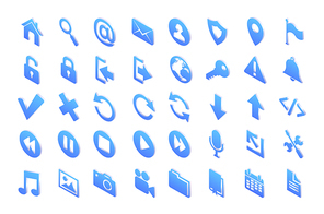 Isometric web icons with symbols of mail, search, home, globe and photo. Vector set of blue buttons for website, computer or phone with signs of media, message, calendar, music and download