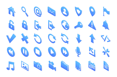Isometric web icons with symbols of mail, search, home, globe and photo. Vector set of blue buttons for website, computer or phone with signs of media, message, calendar, music and download