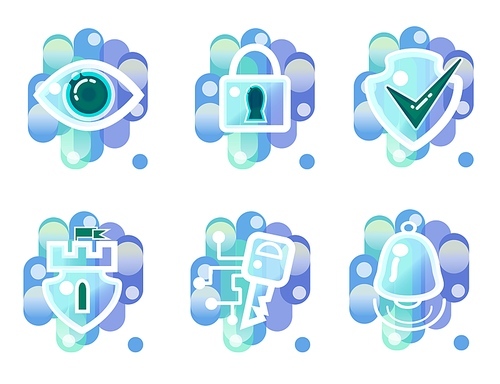 Security icons, simple vector outline set. Eye or video surveillance, key or secret access password, ringing bell or alarm, shield or protection, blue signs collection isolated on white
