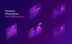 Isometric infographic charts and diagrams for digital presentation of statistic and analytics information. Vector 3d set of stats report charts, finance or business analysis