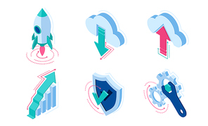 Isometric icons rocket take off, cloud download or upload data, grow arrow column chart, shield with check mark and wrench with gears. Infographics elements for web site design, 3d vector isolated set