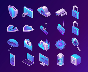 Computer security isometric icons set. Phishing, safe, database server and firewall, spam letter, shield, umbrella and lock, fingerprint or cloud computing technology service, isolated 3d vector signs