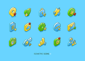 Set of social media isometric icons, smm 3d symbols map pin, like heart, padlock and stars. Cloud storage, document and cogwheel, speech bubble, media file, photo camera, key or wifi, Vector signs