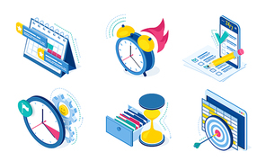Task and time management icons with clock, calendar, checklist and smartphone isolated on white. Vector isometric symbols of planning productivity work and project organization