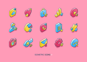 Isometric icons for social media. Network, internet marketing and communication concept. Vector set of phone, email, star, heart, user and message symbols for smm, blog or website