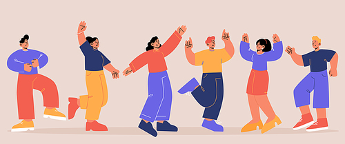 Happy people have fun and dance in different poses. Vector flat illustration of group of excited characters celebrate holiday together. Positive men and women joy
