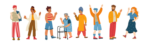 Diverse people say hello, waving hands. Multinational happy young and old male and female characters greeting gesturing, positive friendly gestures, body language, Line art flat vector illustration
