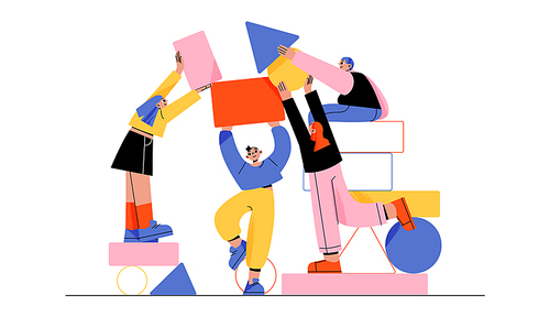 Business teambuilding, partnership and cooperation concept with happy people with abstract geometric shapes. Teamwork process, brainstorm and creative communication, vector illustration
