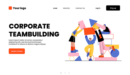 Corporate teambuilding landing page. People work together set up abstract geometric shapes. Businesspeople teamwork, communicate, collaboration, cooperation, partnership, Linear flat vector web banner