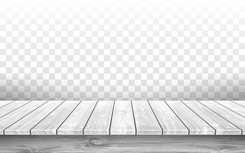 Wooden gray table top with aged surface, realistic vector illustration. Vintage dining table made of wood, realistic plank texture. Empty desk top isolated on transparent wall.