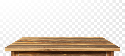 Wooden table top with aged surface, realistic vector illustration. Vintage dining table made of darkened wood, realistic plank texture. Empty desk top isolated on white wall.