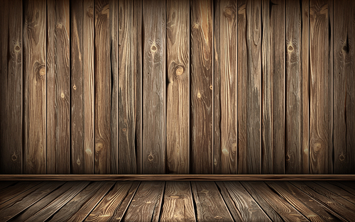 Wooden wall and floor with aged surface, realistic vector illustration. Vintage wall and old floor made of darkened wood, realistic plank texture. Empty room interior background