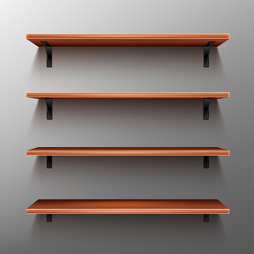 Empty wooden shelves on gray wall. Vector realistic mockup of bookshelves in home or library, wood rack in store, brown timber planks for storage or exhibition in gallery
