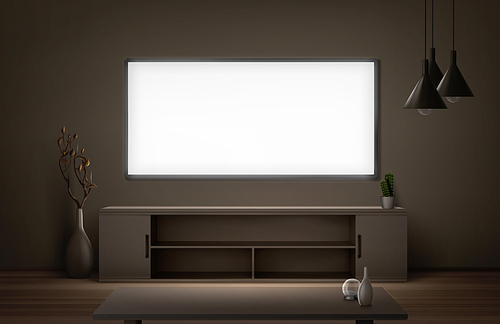 Wide lcd tv screen hanging on wall in living room at night. Modern house interior with flat plasma television set, stand and table. Vector realistic illustration of blank glowing screen in dark room