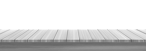 Wooden table top, desk or shelf isolated on white . Vector realistic mockup of empty kitchen tabletop, bar counter or display stand from gray wood planks