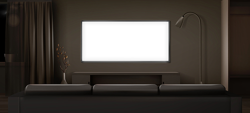Wide lcd tv screen in dark living room at night. Modern house interior with glowing screen, stand, couch and floor lamp. Vector realistic illustration of flat plasma television set hanging on wall