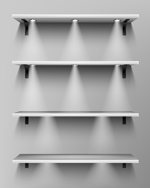Empty wooden shelves with spotlights. Vector realistic mockup of white bookshelves in library, wood showcase in store. Timber planks illuminated by lamps for display or exhibition in gallery