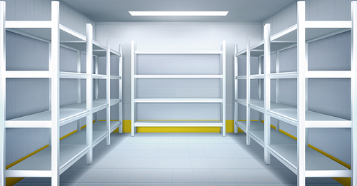 Cold room in warehouse with empty metal racks. Vector cartoon interior of industrial storage freezer with shelves, tiled walls and floor. Refrigerator chamber in factory, store or restaurant