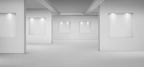 Empty gallery with empty niches with spotlights. Vector realistic interior of museum or studio room with shelves illuminated by lamps. Template for artwork exhibition