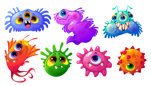 Cute bacteria, germ and virus characters isolated on white . Vector cartoon set of funny bacterium, microorganism and biology cell with flagella and faces