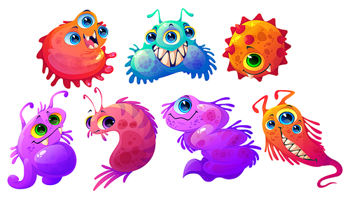 Cartoon germs, viruses, microbes and bacteria vector characters. Cute germs with funny faces, colorful cells with teeth and tongues. Smiling pathogen monsters with big eyes and outgrowths isolated set