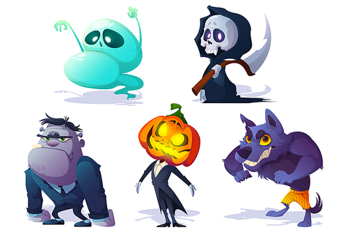 Scary Halloween characters and monsters. Jack pumpkin head, ghost, zombie, werewolf and death isolated on white . Vector cartoon set of spooky magic creatures