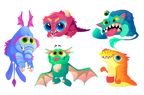 Monsters set, cute cartoon characters, funny aliens, strange animals or Halloween creatures with smiling toothed muzzles, dragon wings, trunk and big eyes. Whimsical spooky mascots Vector illustration