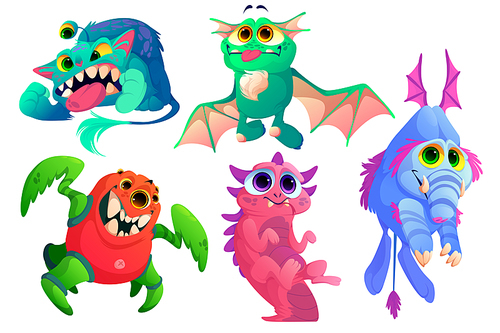 Cute monsters, funny alien animals with teeth, wings, horns and fur. Vector cartoon set of little scary creatures, small ugly beasts smile, laughing and angry isolated on white 