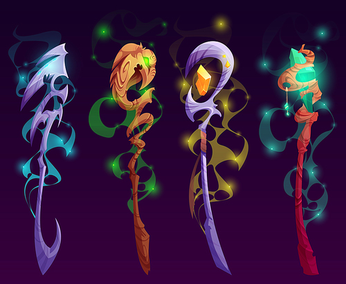 Set of magic staff, wands or walk sticks with glow gems, crystals, birds head and mystical haze. Magician weapon rods for sorcerers spell or battle, rpg fantasy game assets Cartoon vector illustration