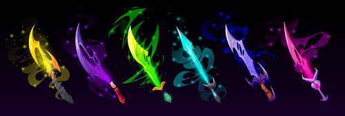 Magic swords, cartoon magical steel daggers, sabers with colorful blades and haze. Knight warrior weapon, Ui design elements for computer game, isolated wizard or elvish armor Vector illustration, set