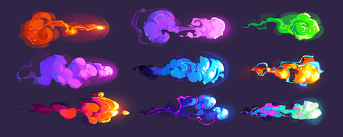 Gun effect, space blasters or magic explosion, colorful vfx clouds. beams and rays. Raygun futuristic alien weapon boom. Game or comic book smoke, fume or haze, Cartoon vector illustration, set
