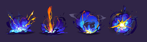 Magic explosions, light flash or energy burst with fire and blue smoke clouds. Vector cartoon set of blast effects for 2d game animation isolated on background
