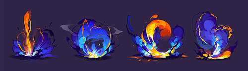 Magic explosion, bomb boom game effect. Blue and orange fire blast with rising smoke, wizard weapon shot with clouds, smog and haze trace. Lightning strike, elemental magician spell Cartoon vector set