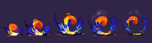 Magic explosion animation effect for 2d game design. Vector sprite sheet of cartoon energy burst, fantasy blast with fire splash and blue smoke clouds isolated on background