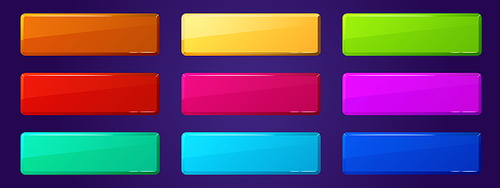 Set of game ui app buttons, icons, boards or plaques. Cartoon glossy menu interface colorful blocks, rectangular panels. Gui graphic design elements for user settings isolated 2d vector illustration