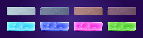 Stone and crystal game ui app buttons, icons, boards or plaques set. Cartoon rocky and glossy menu interface colorful blocks, rectangular panels. Isolated 2d vector gui graphic design elements