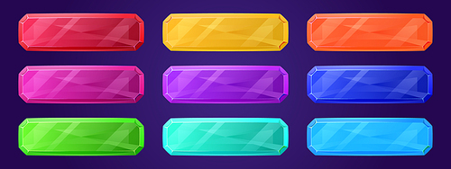 Glass color rectangular buttons for game or mobile app interface design. Vector cartoon set of blank web buttons from glossy crystal isolated on 