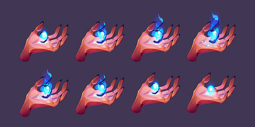 Witch hands with magic power animation sprite sheet. Sequence frame of creepy female palm with long nails holding blue glowing flame. Evil woman casting Halloween spell Cartoon vector illustration set