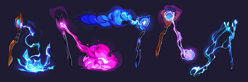 Magic spells effects, attacks of magician staves isolated on background. Wizard wooden sticks with glow energy beam, fireball and lightnings, vector cartoon set