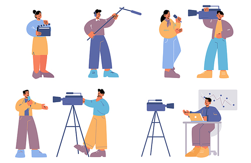 Set tv employees, professional cameraman, videographer and journalist characters record video on camera. Presenter broadcast news, mass media worker, profession, job, Linear flat vector illustration