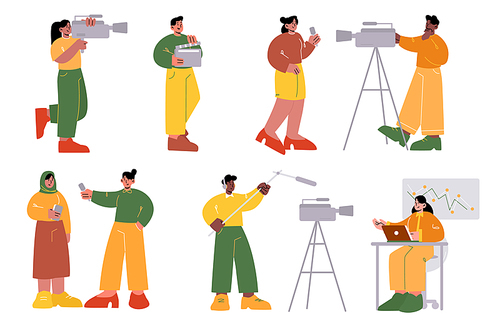 Set professional tv employees, videographer and journalist characters record video or movie on camera. Presenter broadcast breaking news, mass media industry profession Linear flat vector illustration