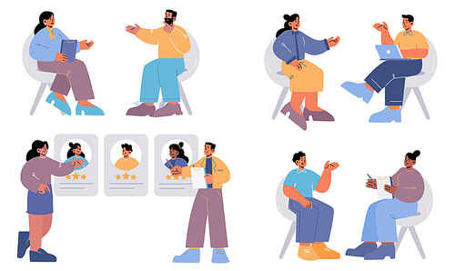 People on job interview. Hr managers choose employee to office, view cv and talk with candidates. Vector flat illustration of hiring company workers, staff recruitment, meeting with jobseekers
